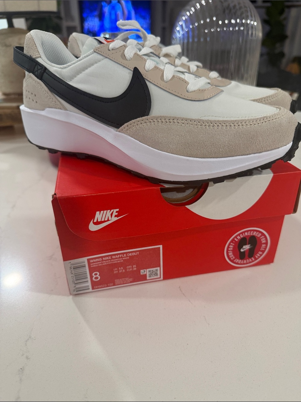 Nike Men’s Sneakers — White, Beige with Black Swoosh